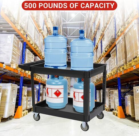 GarveeTech Utility Service Cart 2 Shelf 500 LBS, 2 Tier Heavy Duty Rolling Tool Cart On Wheels for Warehouse, Garage, Cleaning, Jobsite, Manufacturing, Maintenance, 45 in ×25 in Black in Kuwait