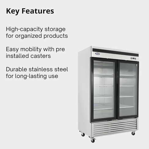 Atosa MCF8707GR 54" Reach-in Upright Glass Merchandiser Display Refrigerator for Restaurant Deli Convenient Stores | LED Lighting, 2 Swing Door, 8 Shelves, 44.8 Cu Ft Capacity | Stainless Steel, 115v in Kuwait