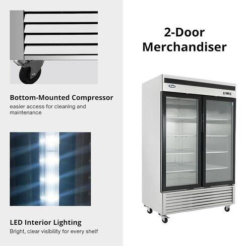 Atosa MCF8707GR 54" Reach-in Upright Glass Merchandiser Display Refrigerator for Restaurant Deli Convenient Stores | LED Lighting, 2 Swing Door, 8 Shelves, 44.8 Cu Ft Capacity | Stainless Steel, 115v in Kuwait