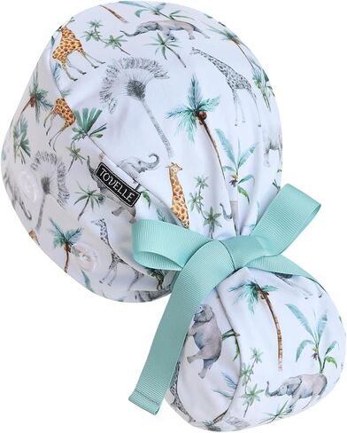 Scrub Caps Women Ponytail – Tropical Animal Giraffe Elephant Double-Sided Printed Surgical Hat with Buttons and Sweatband, Soft Nurse Cap for Long Hair, Helps Reduce Static Buildup in Kuwait