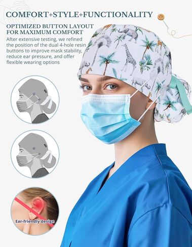 Scrub Caps Women Ponytail – Tropical Animal Giraffe Elephant Double-Sided Printed Surgical Hat with Buttons and Sweatband, Soft Nurse Cap for Long Hair, Helps Reduce Static Buildup in Kuwait