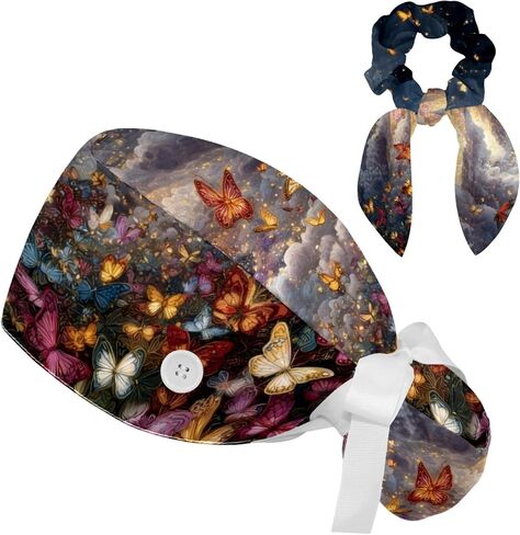 Scrub Caps for Women, Ponytail Surgical Cap with Buttons | Bouffant Nurse Cap with Hair Scrunchy, Floral Pattern Butterfly in Kuwait