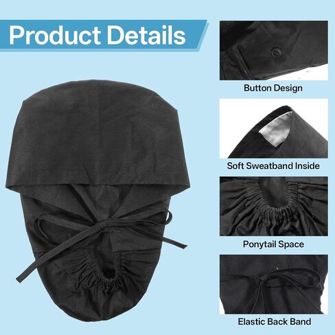 ElevateTech Scrub Caps for Women with Buttons Nurse Surgical Hat with Sweatband and Hair Scrunchy Adjustable Scrub Hat Ponytail Women Breathable Bouffant Nursing Working Cap for Long Hair, Black in Kuwait