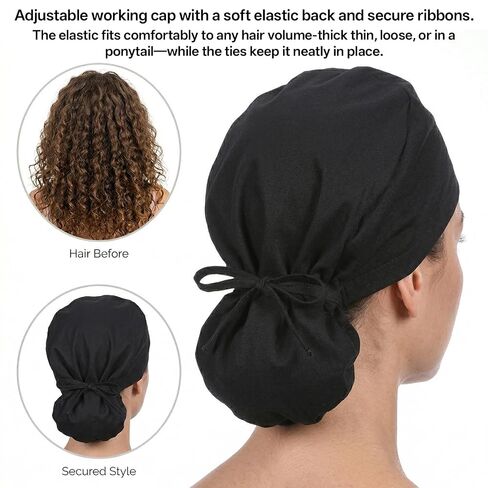 ElevateTech Scrub Caps for Women with Buttons Nurse Surgical Hat with Sweatband and Hair Scrunchy Adjustable Scrub Hat Ponytail Women Breathable Bouffant Nursing Working Cap for Long Hair, Black in Kuwait