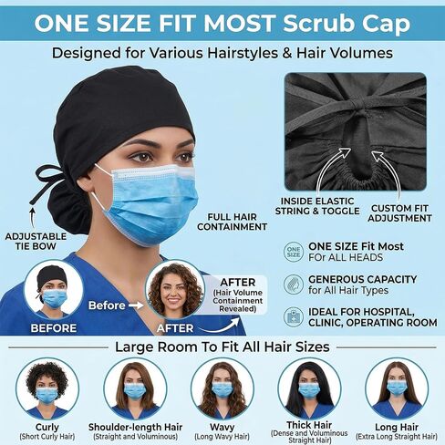 ElevateTech Scrub Caps for Women with Buttons Nurse Surgical Hat with Sweatband and Hair Scrunchy Adjustable Scrub Hat Ponytail Women Breathable Bouffant Nursing Working Cap for Long Hair, Black in Kuwait