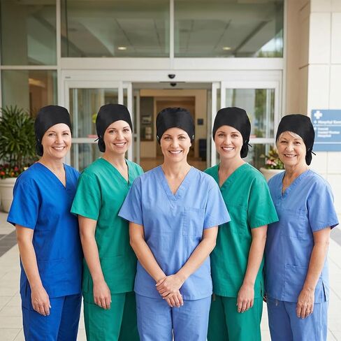 ElevateTech Scrub Caps for Women with Buttons Nurse Surgical Hat with Sweatband and Hair Scrunchy Adjustable Scrub Hat Ponytail Women Breathable Bouffant Nursing Working Cap for Long Hair, Black in Kuwait