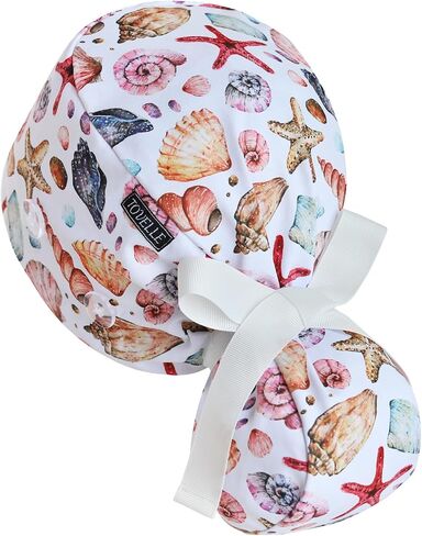 Scrub Caps Women Ponytail – Colorful Sea Shell Double-Sided Printed Surgical Hat with Buttons and Sweatband, Soft Nurse Cap for Long Hair, Helps Reduce Static Buildup in Kuwait
