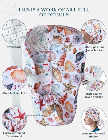 Scrub Caps Women Ponytail – Colorful Sea Shell Double-Sided Printed Surgical Hat with Buttons and Sweatband, Soft Nurse Cap for Long Hair, Helps Reduce Static Buildup in Kuwait