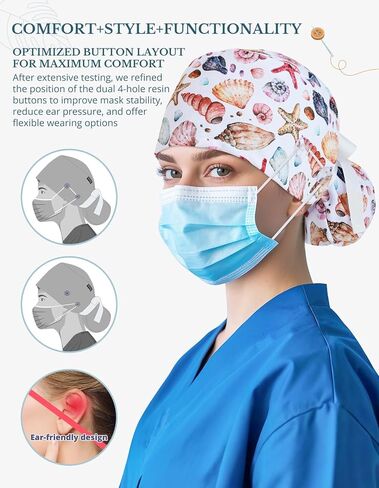 Scrub Caps Women Ponytail – Colorful Sea Shell Double-Sided Printed Surgical Hat with Buttons and Sweatband, Soft Nurse Cap for Long Hair, Helps Reduce Static Buildup in Kuwait