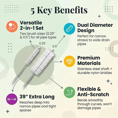 فرشاة تنظيف الأنابيب الطويلة 39 بوصة مجموعة 2 في 1، فرش أنبوب نايلون بقطر 0.25 و0.5 بوصة لأنبوب تصريف الثلاجة، أنبوب حوض السمك، ماكينة القهوة، الغسالة، مكيف الهواء in Kuwait