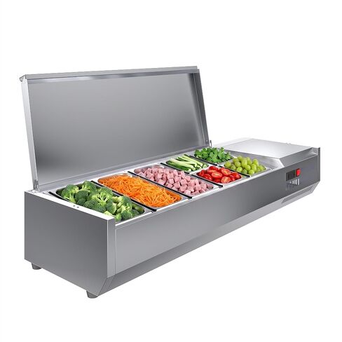 IDEALHOUSE Condiment Prep Rail Station, 140W Countertop Refrigerated Condiment Station, with 3 1/3 & 4 1/6 Pans, 304 Stainless Body and PC Lid, Sandwich Prep Table with Glass Guard, ETL Certified in Kuwait