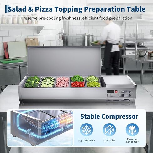 IDEALHOUSE Condiment Prep Rail Station, 140W Countertop Refrigerated Condiment Station, with 3 1/3 & 4 1/6 Pans, 304 Stainless Body and PC Lid, Sandwich Prep Table with Glass Guard, ETL Certified in Kuwait