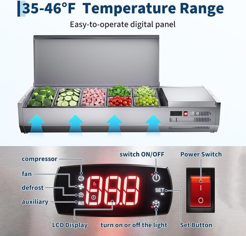 IDEALHOUSE Condiment Prep Rail Station, 140W Countertop Refrigerated Condiment Station, with 3 1/3 & 4 1/6 Pans, 304 Stainless Body and PC Lid, Sandwich Prep Table with Glass Guard, ETL Certified in Kuwait