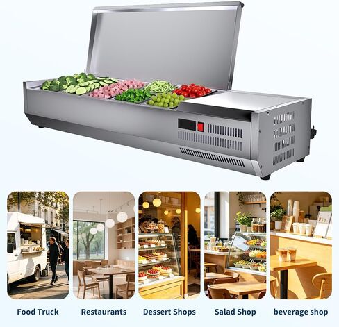 IDEALHOUSE Condiment Prep Rail Station, 140W Countertop Refrigerated Condiment Station, with 3 1/3 & 4 1/6 Pans, 304 Stainless Body and PC Lid, Sandwich Prep Table with Glass Guard, ETL Certified in Kuwait