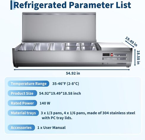 IDEALHOUSE Condiment Prep Rail Station, 140W Countertop Refrigerated Condiment Station, with 3 1/3 & 4 1/6 Pans, 304 Stainless Body and PC Lid, Sandwich Prep Table with Glass Guard, ETL Certified in Kuwait