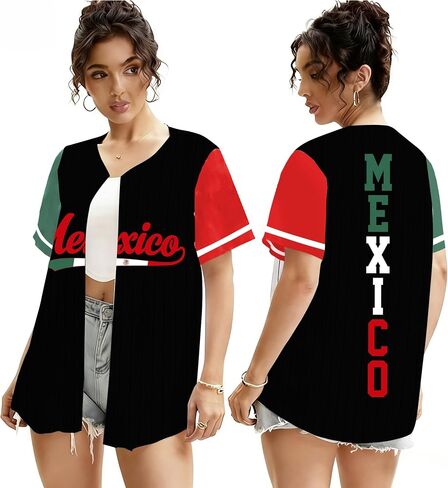 Mexico Jersey for Women Mexican Flag Sports Shirts Button Down Mexico Soccer T-Shirt Game Day Fan Jersey Tee Tops in Kuwait