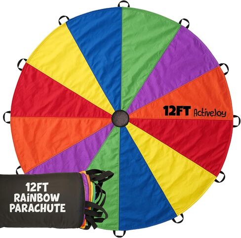 ActiveJoy - Parachute for Kids - 12ft / 20ft - Rainbow Parachute Toy مع مقابض - رائعة لفئة الصالة الرياضية واليوم الميداني والألعاب الخارجية in Kuwait