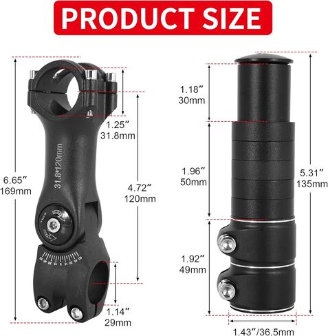 Adjustable Bike Stem Riser, 150mm Rise, Anti-Rust Aluminum Alloy,28.6mm Bike Fork Stem Fit 31.8mm Handlebar Stem with ±60° Angle for Mountain, Road, E-Bike & BMX in Kuwait