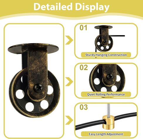 Pulley Wheel Kit, Wall Ceiling Mount Pulley for Plug in Pendant Light, Vintage Metal Pulley Wheels Set for Pendant Lighting Chandelier Ceiling Lights (Brushed Antique Gold) in Kuwait
