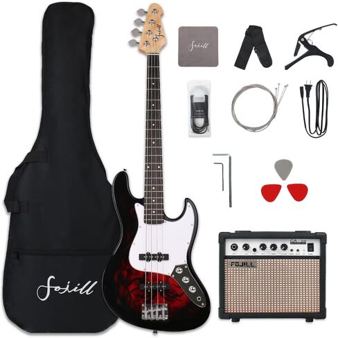 Fojill Full Size 4 Four String Electric Bass Guitar 20W Watt Amplifier Amp Right Hand Beginner Starter Kit Set Combo Bundle Accessory Gig Bag,Strap,Picks,Capo,Noiselss Cable,Strings (Fire Red) in Kuwait