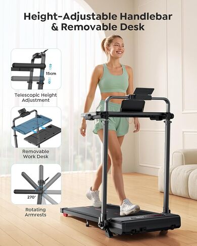 Walking Pad Treadmill with Removable Desk Workstation, 3 in 1 Foldable Treadmill with Adjustable Handle Bar for Home/Office, Treadmills for Home with Magnetic Remote & APP Control in Kuwait