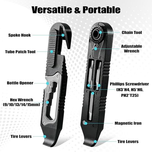 14-in-1 Bike Tire Levers Kit, Portable Bicycle Multi-Tool with Reversible Mini Ratchet Wrench, Magnetic S2 Steel Bits, Spoke Hook, Chain Tool, and PU Pouch for Road MTB Tire Flat Repair in Kuwait
