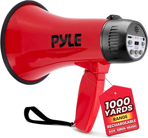 Pyle Handheld Megaphone Bullhorn with Siren for Outdoor Events, Schools & Construction Site | 30W USB-C, Rechargeable Megaphone Speaker with 1000 Yard Range, Voice Recorder, AUX Input | Deep Red in Kuwait