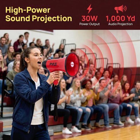 Pyle Handheld Megaphone Bullhorn with Siren for Outdoor Events, Schools & Construction Site | 30W USB-C, Rechargeable Megaphone Speaker with 1000 Yard Range, Voice Recorder, AUX Input | Deep Red in Kuwait