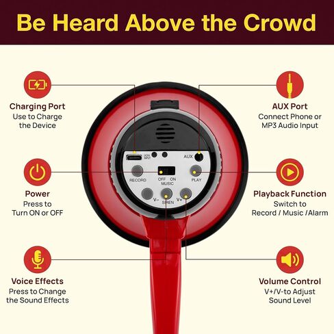 Pyle Handheld Megaphone Bullhorn with Siren for Outdoor Events, Schools & Construction Site | 30W USB-C, Rechargeable Megaphone Speaker with 1000 Yard Range, Voice Recorder, AUX Input | Deep Red in Kuwait