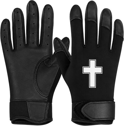 JenPen 1 Pair Christian Youth Batting Gloves 6.5 Inch Religious Baseball Batting Gloves Long Cuff Leather Cross Mitt Anti-Slip Grip Finger for Softball Teeball Baseball Kids Boy, M Size in Kuwait