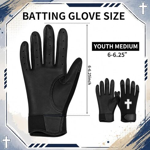 JenPen 1 Pair Christian Youth Batting Gloves 6.5 Inch Religious Baseball Batting Gloves Long Cuff Leather Cross Mitt Anti-Slip Grip Finger for Softball Teeball Baseball Kids Boy, M Size in Kuwait