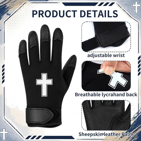 JenPen 1 Pair Christian Youth Batting Gloves 6.5 Inch Religious Baseball Batting Gloves Long Cuff Leather Cross Mitt Anti-Slip Grip Finger for Softball Teeball Baseball Kids Boy, M Size in Kuwait