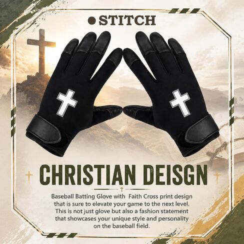 JenPen 1 Pair Christian Youth Batting Gloves 6.5 Inch Religious Baseball Batting Gloves Long Cuff Leather Cross Mitt Anti-Slip Grip Finger for Softball Teeball Baseball Kids Boy, M Size in Kuwait
