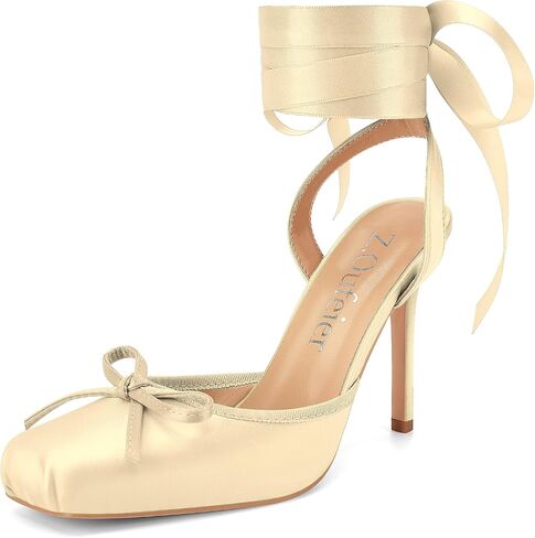 Women's Satin Ballet Heels Ballerina Bow Closed Square Toe Strappy Stiletto High Slingback Lace Up Ankle Strap Wrap Around Spiral Mary Janes Pumps Dress Shoes in Saudi Arabia