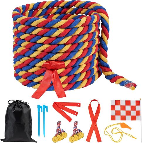 حبل شد الحبل بطول 20 قدم للبالغين، حبل سحب شديد التحمل في الهواء الطلق مع ملحقات لتحديات الفريق والأنشطة الجماعية والتخييم والنزهات والاستخدام الترفيهي، أزرق in Kuwait