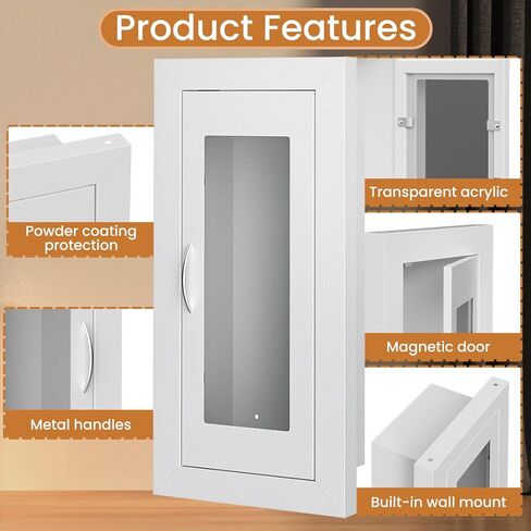 Recessed Fire Extinguisher Cabinet, Steel Fire Extinguishe Box with Acrylic Window, Magnetic Door, Fits 5lb & 10lb, White Fire Extinguisher Storage Cabinet for Home Office Commercial in Kuwait