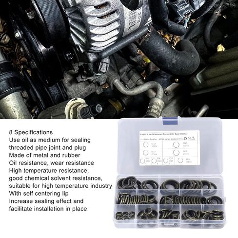110Pcs Oil Drain Plug Gasket, 8 Sizes Oil Plug Crush Washer Assortment, M6 M8 M10 M12 M14 M16 M18 M20 Drain Plug Crush Washer Set, Metal Oil Seal Kits with Storage Box in Kuwait