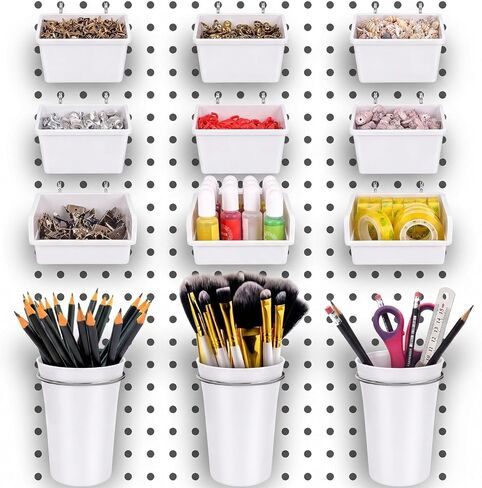 G.CORE 12 Pack Pegboard Bins & Cups with Hooks & Loops, Peg Board Hooks Assortment Organizer Accessory, Various Tools Storage Arrange Kit for Garage Craft Workshop Workbench Hobby Office (White) in Kuwait