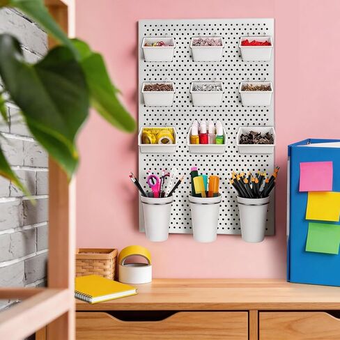 G.CORE 12 Pack Pegboard Bins & Cups with Hooks & Loops, Peg Board Hooks Assortment Organizer Accessory, Various Tools Storage Arrange Kit for Garage Craft Workshop Workbench Hobby Office (White) in Kuwait