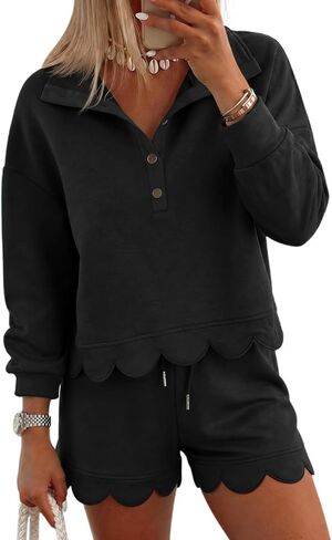 Fisoew المرأة 2 قطعة مجموعات Sweatsuits عارضة نصف زر كم طويل قمم والسراويل البلوز تجريب صالة مجموعات in Kuwait