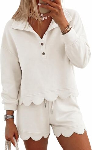 Fisoew المرأة 2 قطعة مجموعات Sweatsuits عارضة نصف زر كم طويل قمم والسراويل البلوز تجريب صالة مجموعات in Kuwait