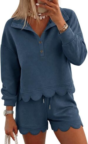 Fisoew المرأة 2 قطعة مجموعات Sweatsuits عارضة نصف زر كم طويل قمم والسراويل البلوز تجريب صالة مجموعات in Kuwait