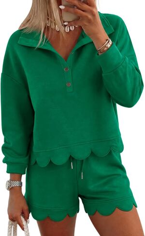 Fisoew المرأة 2 قطعة مجموعات Sweatsuits عارضة نصف زر كم طويل قمم والسراويل البلوز تجريب صالة مجموعات in Kuwait