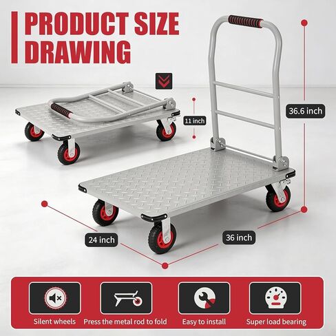 Heavy Duty Platform Truck Cart, 36"X24" Flatbed Cart Folding Hand Trucks, 2000Lbs, 6" Swivel Brake Casters, Foldable Folding Dolly for Warehouse Garage Moving in Kuwait