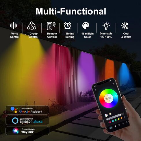 شريط إضاءة ذكي للحائط مقاس 20 بوصة RGBCW - مصباح LED مقاوم للماء قابل للربط للداخل/الخارج مع التطبيق/التحكم الصوتي، 16 مليون لون، قابل للتعتيم، مزامنة الموسيقى، 50 وضعًا للمشهد، مؤقت، AC120V in Kuwait