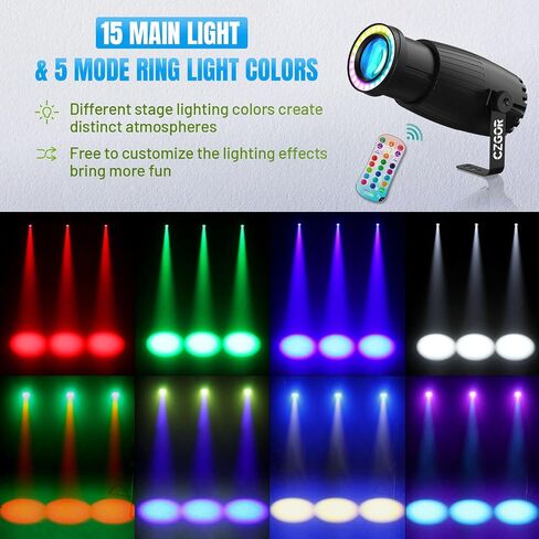 20W Pinspot Light, Czgor RGBW 4-in-1 LED Stage Light for Party | with 24 LEDs Ring Lights, 3 Effect Light & 15 Light Color, Manual Focus Disco Ball Spotlight for Show Bar Club Wedding in Saudi Arabia
