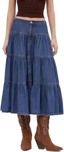 CIDER Womens Jean Long Skirts Tiered Denim High Elastic Waisted Western Cowgirl Midi Skirts in Saudi Arabia
