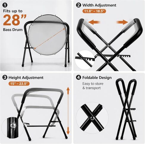 Folding Bass Drum Stand Adjustable Steel Drum Legs, Fits 11.8–18.5" Width, Supports Up to 28" Drums, Portable Anti-Slip Drum Holder for Orchestra, Band & Studio in Kuwait