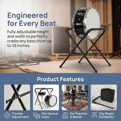 Folding Bass Drum Stand Adjustable Steel Drum Legs, Fits 11.8–18.5" Width, Supports Up to 28" Drums, Portable Anti-Slip Drum Holder for Orchestra, Band & Studio in Kuwait