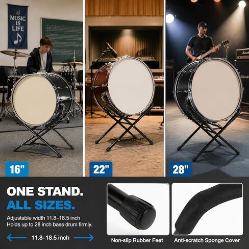 Folding Bass Drum Stand Adjustable Steel Drum Legs, Fits 11.8–18.5" Width, Supports Up to 28" Drums, Portable Anti-Slip Drum Holder for Orchestra, Band & Studio in Kuwait